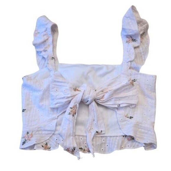 Cottage Core S White Floral Embroidered Ruffle Crop Top Square Neck Tie Back - Picture 2 of 11